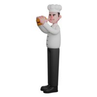 3D Male Chef Character in Action. A chef is taking a bite of a small burger with a happy expression png