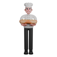 Male Professional Chef - 3D Character. A chef is smiling while holding a large sandwich or hotdog with both hands png