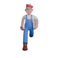 Painter Character 3D. An artist is running while holding a brush and canvas, displaying enthusiasm and eagerness to chase inspiration. Illustrated Art Professional png