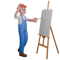 of a Male Painter. a painter who is reflecting while holding a brush in front of a blank canvas on an easel. 3D Style png