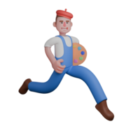 Painter's Daily Routine in 3D. a painter running while holding a color palette in his hand. Male Cartoon png