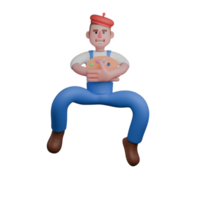 Professional Male Painter in 3D. a painter in a unique position, appearing as if he is balancing while holding a color palette against his chest. Artistic Character png