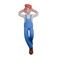An artist is lying down with his hands behind his head, displaying a slightly anxious expression. Professional png