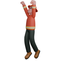 3D Firefighter Character. A firefighter is seen raising both hands in the air with an enthusiastic and happy expression. Professional Rescue Cartoon png