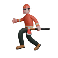 3D Male Firefighter at Work. A firefighter is running swiftly while holding a rescue axe. Emergency Cartoon png