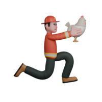 of a Male Firefighter. A firefighter is running while holding a chicken rescued from a dangerous area. 3D Style png