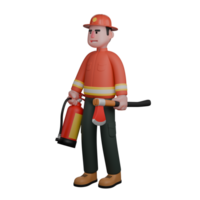 Male Firefighter 3D Model. A firefighter stands ready, holding a fire extinguisher and an axe. Fire Rescue png