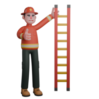 Professional Fireman Character. A firefighter stands beside a ladder, pointing towards it with one hand while giving a thumbs-up with the other. 3D Male Model png