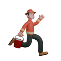 3D Model of Male Firefighter. A firefighter runs while carrying a bucket of water, showing agility and speed in responding to emergencies. Professional Fireman png