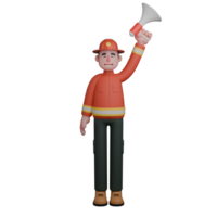Professional 3D Firefighter. A firefighter raises a megaphone above his head, giving a signal or instruction to his colleagues. Male Firefighting Expert png