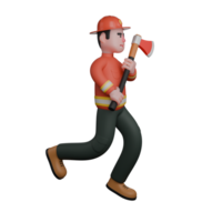 Illustrated Firefighting Expert. A firefighter is running while holding an axe, demonstrating readiness and responsiveness in emergency situations. 3D Male Firefighter png