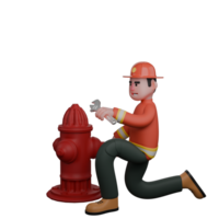 3D Male Firefighter in Station. A firefighter is kneeling with his right hand carrying a nipple wrench png