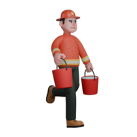 Cartoon Professional Firefighter. A firefighter is walking with two buckets in both hands. 3D Male png