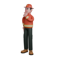 Rescue Professional Male. A firefighter is standing with his left hand on his chin as if he is thinking about something. 3D Firefighter Cartoon png