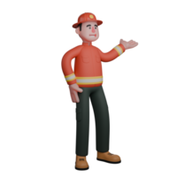 A firefighter stands with his right hand raised, pointing in a specific direction while smiling. 3D Male Firefighter png
