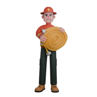 Professional Male in 3D - Firefighter. A firefighter is holding a rolled-up fire hose with a confident smile. Cartoon png