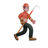 Rescue Firefighter Professional in 3D. A firefighter runs while holding a long hook tool, ready for use in rescue operations. Male png