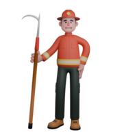 Male Firefighter 3D Professional. A firefighter smiles while holding a long hook tool used to assist in firefighting tasks, such as pulling burning materials or gaining access to hidden areas png