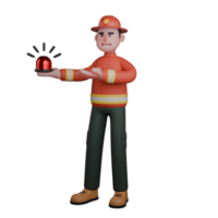 3D Male Firefighter in Rescue Profession. A firefighter holds a flashing emergency light. His serious expression indicates he is issuing an important warning or directing an evacuation png