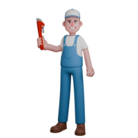 Male Mechanic in 3D. A mechanic stands with a confident expression, holding a pipe wrench in his right hand. Workshop Scene png