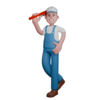 3D Cartoon Mechanic. A mechanic stands casually, holding a pipe wrench in his right hand while resting his left hand on his waist. Automotive Expert png