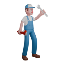 Male Mechanic 3D Model. A mechanic is holding a wrench in his right hand while holding a pipe wrench in his left hand. Auto Workshop png