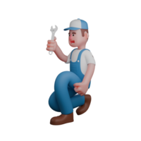 of a Professional Mechanic. A mechanic is kneeling with a serious expression while holding a wrench. 3D Male png