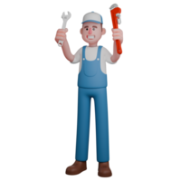 Automotive Technician in 3D.A mechanic is smiling while holding up two essential tools in his work a wrench and a pipe wrench. Cartoon Mechanic png
