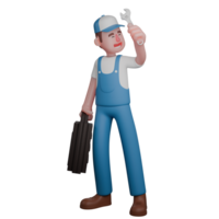 3D Male Mechanic Working. A cheerful mechanic holds a wrench in one hand and a briefcase in the other, showing his pride in his profession. Garage Cartoon png