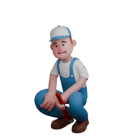 Male Mechanic Character. A mechanic crouches while holding a pipe wrench, demonstrating focus and seriousness in his work. 3D Technical Style png