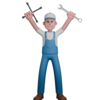 3D Male Mechanic Repairing. A mechanic raises two tools in both hands with enthusiasm. Automotive Cartoon png