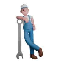 3D Animated Mechanic. A mechanic stands casually, leaning on a large wrench, displaying confidence and readiness in his job. Male Automotive Figure png