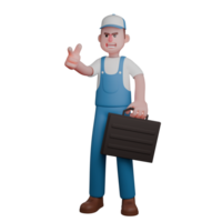 Animated Male Mechanic. A mechanic displays a determined stance with one hand pointing a finger and the other holding a toolbox. 3D Professional png