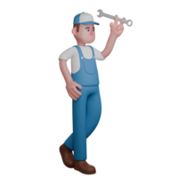 3D Cartoon Auto Technician. A mechanic stands casually with his legs crossed while holding a wrench up in the air with a confident style. Mechanical Action png