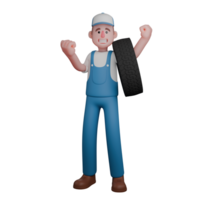 Mechanic's Daily Routine in 3D. A mechanic stands with both arms raised and a wheel on his left arm. Male Cartoon png