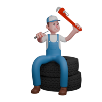 Male Mechanic in Auto Setting. A mechanic sits on a pile of wheels with his right hand holding a screwdriver while his left hand holds the crank.3D Character png