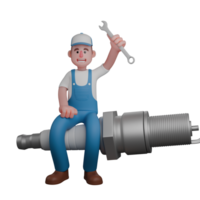 Male Automotive 3D Animation. A mechanic is sitting on a large spark plug with his left hand raised while carrying a small crank. Mechanic png