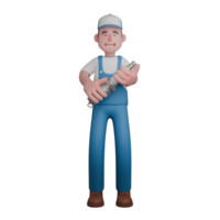 3D Male Mechanic. A mechanic is standing with both hands holding a spark plug. Professional Automotive Character png
