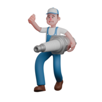 Male Mechanic 3D A mechanic is walking with his left hand while carrying a large spark plug. Professional png