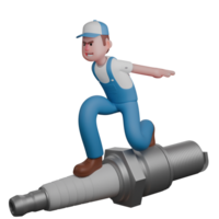 of Male Automotive Professional. A mechanic is riding a large spark plug like surfing with both hands behind him. 3D Mechanic png