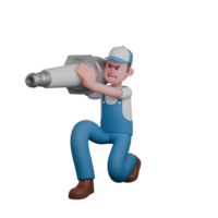Professional 3D Male Mechanic. A mechanic is squatting while carrying a large spark plug on his right shoulder. Automotive Character png
