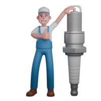 3D Male Mechanic in Workshop. A mechanic is standing while holding a large spark plug with his left hand. Cartoon png