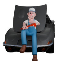 3D Male Mechanic in Garage. a mechanic is sitting with his hands right hand carrying a large crank while the left hand is on the chin. Professional Character png