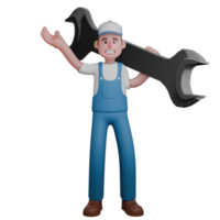 Technical Male Mechanic. A mechanic is standing with a large crank on his left shoulder. 3D Professional Character png