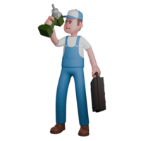 3D Technical Enforcement Male Mechanic. A mechanic is standing with his right hand up holding a drill while his left hand is holding a tool case. Professional png