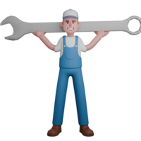 3D Mechanic Male in Professional Setting. A mechanic is standing with both hands carrying a large crank. Cartoon png