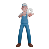 3D Male Mechanic in Action. A thoughtful mechanic in a blue uniform, holding a small gear in his right hand while placing his left hand on his chin, as if pondering. Professional Technical png