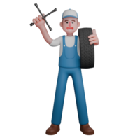 Professional Technical Male. A mechanic is standing with a car tire on his left arm while his right hand is raised upwards while holding a 4-pole crank. 3D Mechanic png
