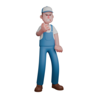 Male Professional Mechanic - 3D Character. An angry mechanic in a blue uniform, pointing a finger with a firm stance and a clenched left hand. Technical png