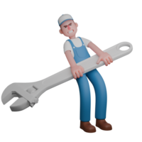 3D Male Mechanic Technical A mechanic is standing facing to the left with his body leaning backwards and both hands holding a large crank. Professional png